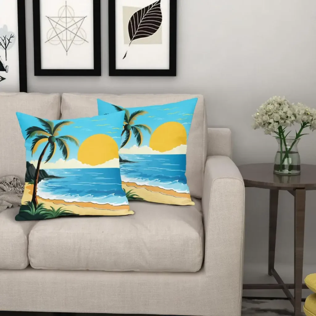 Sunset beach-themed tropical throw pillows with palm trees on a beige sofa.