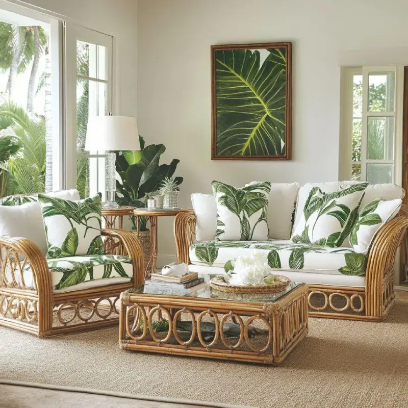 tropical living room with green and neutral color palette