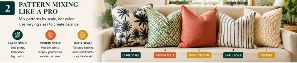 How to Layer Pillows Like a Designer: The Complete Styling Guide (2026) mixed tropical throw pillow patterns layered on modern sofa