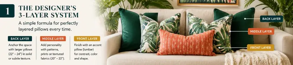 How to Layer Pillows Like a Designer: The Complete Styling Guide (2026) layered throw pillow arrangement using the 3-layer designer method