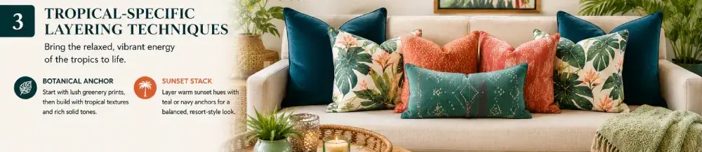 How to Layer Pillows Like a Designer: The Complete Styling Guide (2026) tropical layered pillow arrangement with coral teal and botanical prints