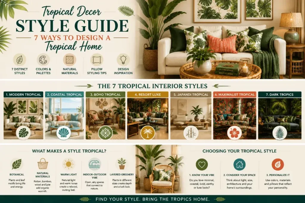Tropical Decor Style Guide: 7 Ways to Design a Tropical Home (2026) Tropical Decor Style Guide - Infographic